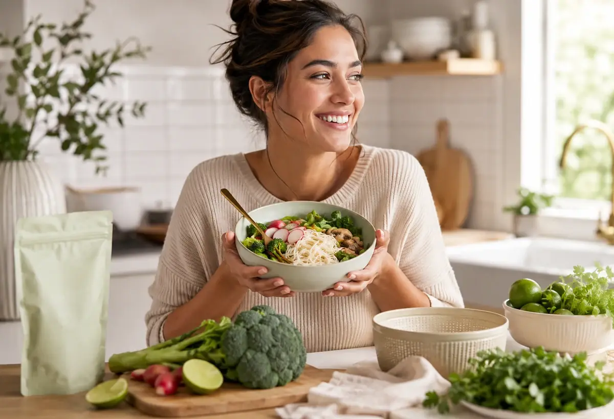 A consumer enjoying KONJOY healthy cup noodles