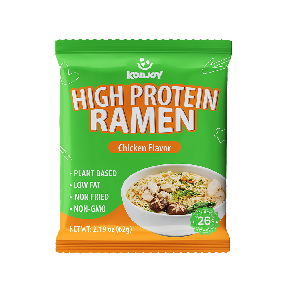 A bright bowl of KONJOY high-protein ramen with vegetables