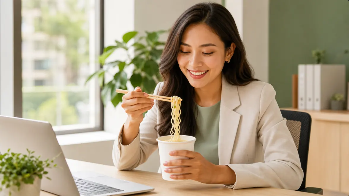 Office worker enjoying KONJOY cup noodles