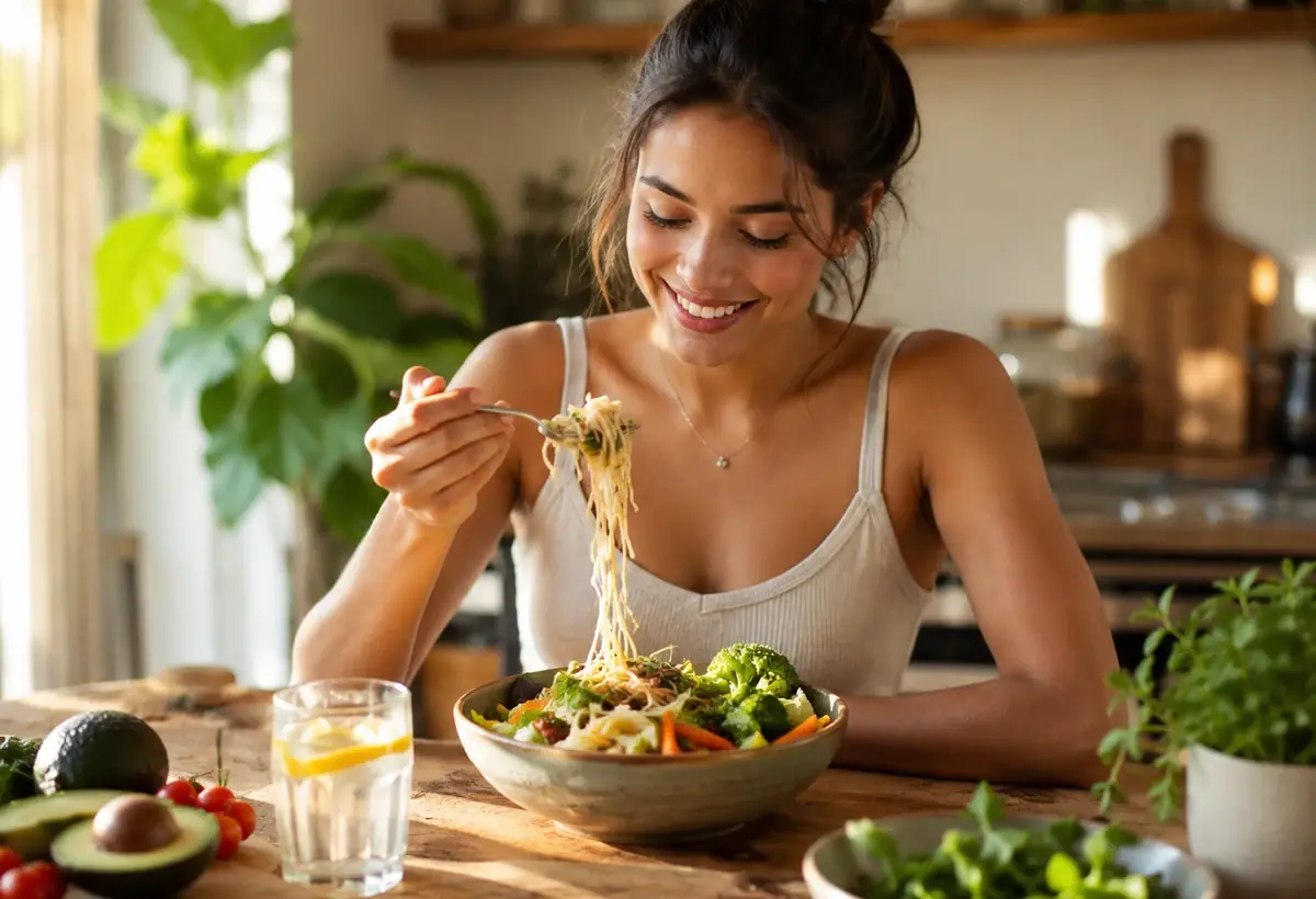 Consumer enjoying healthy KONJOY noodles